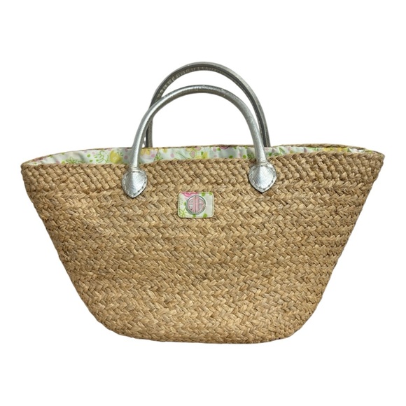 Lilly Pulitzer Straw Tote Bag with Silver Handles Drawstring Inner Lining Floral - Picture 1 of 9